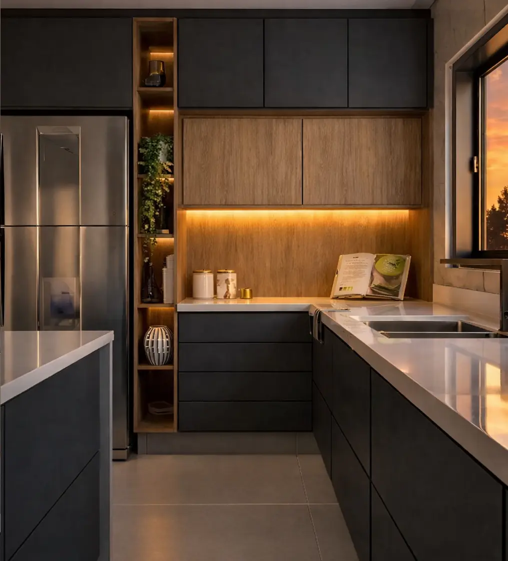 Cocina integral contemporánea en grafito y madera