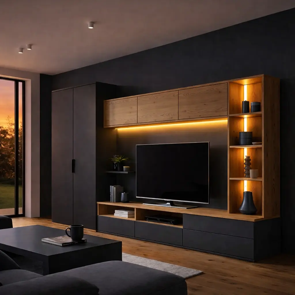 Mueble de living en grafito y madera con iluminación cálida