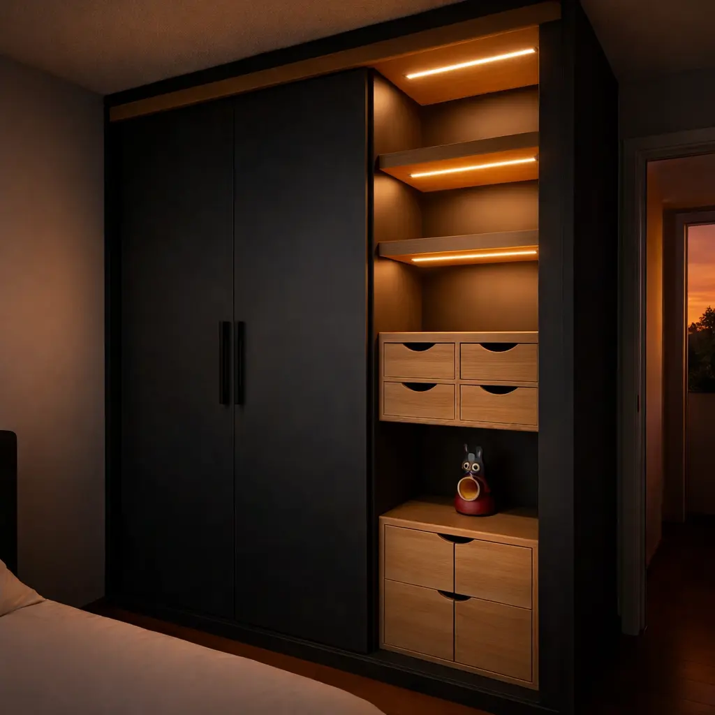 Vestidor en grafito y madera con estantes iluminados